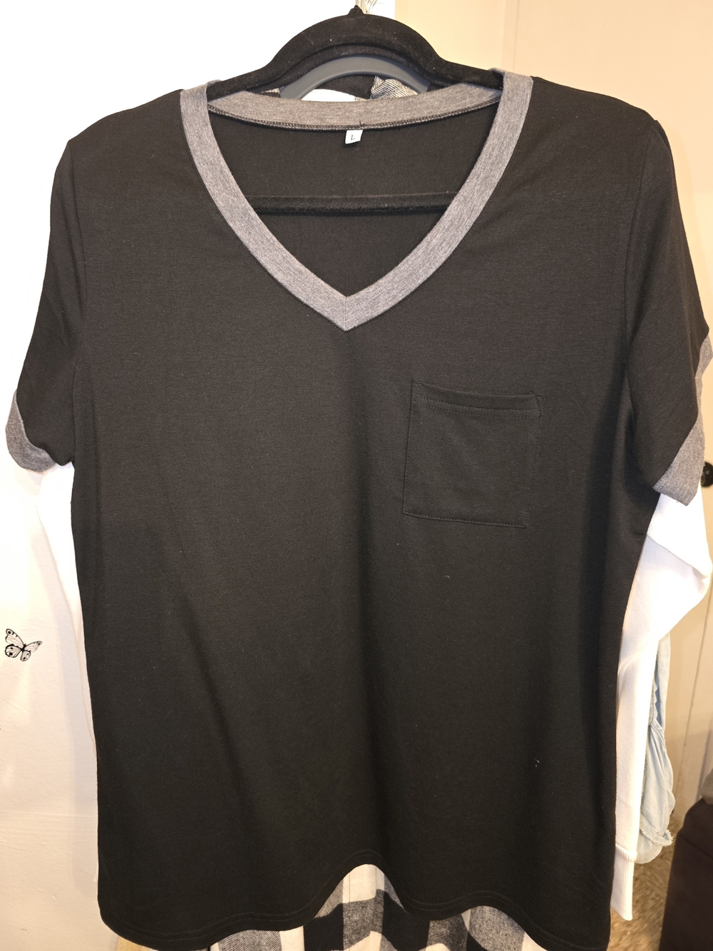 SHEIN Black Short Sleeve V-Neck Tee with Gray Trim